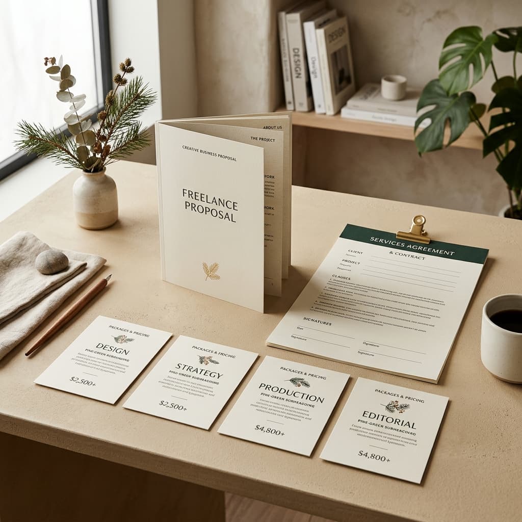 The Studio Standard toolkit — contract, proposal booklet and pricing cards